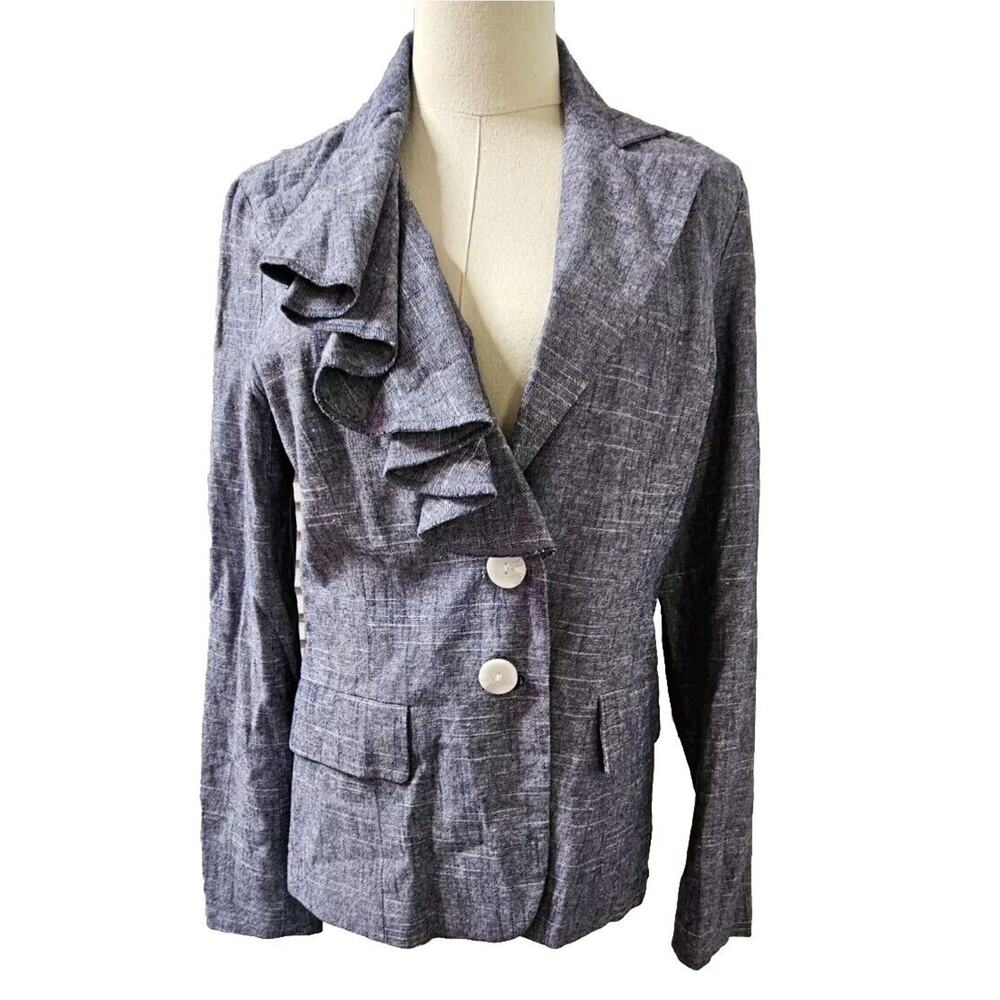 For Cynthia Chambray Denim Linen Blend Lined Jacket Ruffle Detail Classy Small